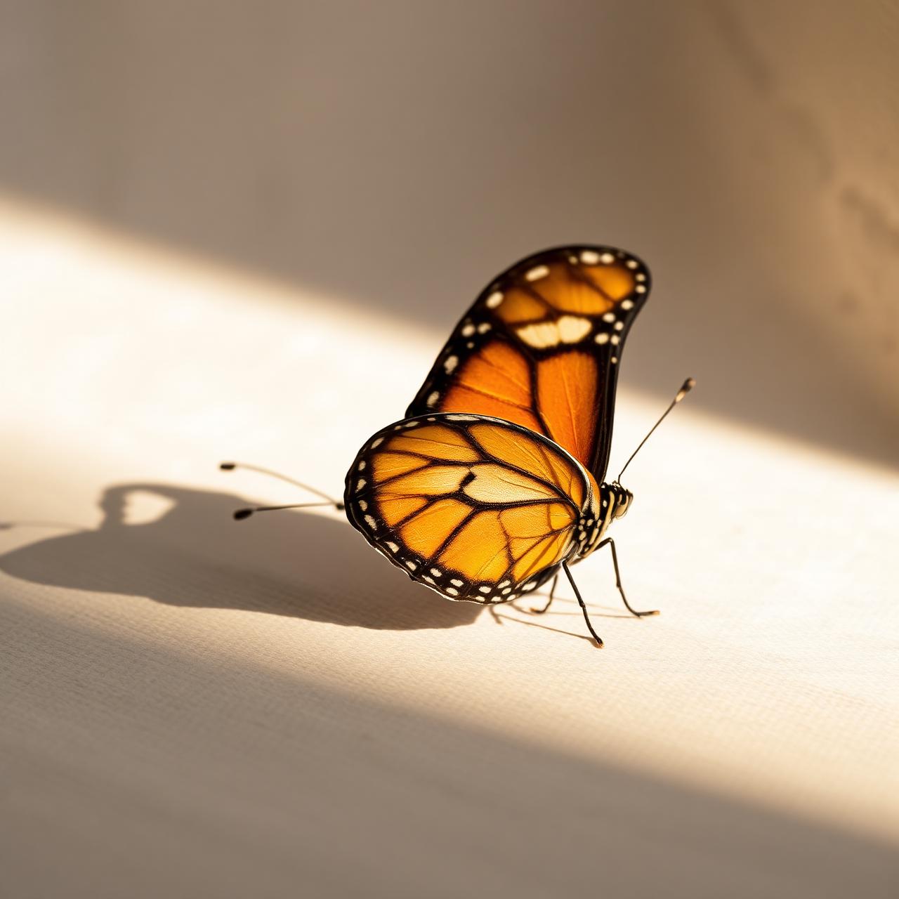 A monarch butterfly resting in soft natural light